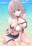  1girl :o adapted_costume arm_between_legs arm_support beach bikini bikini_skirt blue_choker blush breasts choker cleavage commentary front-tie_bikini_top front-tie_top green_eyes grey_hair halterneck hand_on_own_chest highres hololive kneeling large_breasts looking_at_viewer medium_hair motoraku multi-strapped_bikini_bottom navel ocean parted_lips shirogane_noel skindentation solo summer swimsuit thigh_strap two-tone_bikini virtual_youtuber water wavy_hair white_bikini 