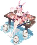  1girl animal_ears bangs bare_legs bare_shoulders barefoot breasts dress flower full_body hair_ornament holding honkai_(series) japanese_clothes kimono long_hair looking_at_viewer official_art rabbit_ears sitting solo yae_sakura 