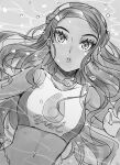  1girl air_bubble armband belly_chain breasts bubble commentary_request crop_top earrings greyscale hair_spread_out highres hoop_earrings jewelry long_hair looking_at_viewer medium_breasts midriff monochrome navel nessa_(pokemon) nokataro parted_lips partially_submerged pokemon pokemon_(game) pokemon_swsh sketch solo water wavy_hair 