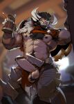  2022 anthro armor balls beard beef beer_mug black_hair body_hair charr digital_media_(artwork) facial_hair felid food genitals grin guild_wars hair happy_trail hi_res horn male mammal meat nipples no_swift penis pink_nose pubes sharp_teeth smile solo teeth video_games 