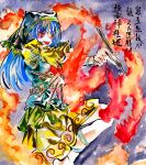  1girl :d apron between_fingers blue_hair calligraphy commentary_request dragon dress evil_smile fire flame green_apron green_headwear haniyasushin_keiki head_scarf highres holding kabaji knee_up long_hair outstretched_arm painting_(medium) pliers puffy_sleeves red_eyes shikishi smile solo tools touhou traditional_media v-shaped_eyebrows watercolor_(medium) yellow_dress 