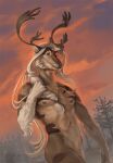  2022 anthro braided_hair cervid day detailed_background digital_media_(artwork) hair hi_res male mammal nude outside shwonky sky smile solo white_hair 