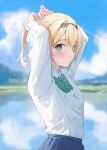  1girl absurdres arms_up bangs blonde_hair blue_skirt blurry blurry_background blush bow bowtie day green_bow green_bowtie green_eyes hana_mori highres hololive kazama_iroha long_sleeves looking_at_viewer outdoors parted_lips ponytail shirt sideways_glance skirt solo tying_hair virtual_youtuber white_shirt 