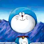  1:1 2020 anthro bell blue_body blue_fur blue_sky collar day domestic_cat doraemon doraemon_(character) felid feline felis floating_head front_view fur inflated_head landscape looking_at_viewer machine male mammal mountain mouth_closed mt_tg pouch_(anatomy) red_collar red_nose robot shaded sky smile solo standing whiskers white_body white_fur 