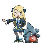  1girl :d aged_down blacknirrow blonde_hair blue_bow blue_bowtie blue_dress blue_ribbon bow bowtie cynthia_(pokemon) dress english_commentary female_child full_body gible grey_eyes hair_ribbon hand_on_hip kneehighs long_hair long_sleeves open_mouth outstretched_arm pokemon pokemon_(anime) pokemon_(creature) pokemon_dppt_(anime) ribbon simple_background smile socks standing white_background white_socks 