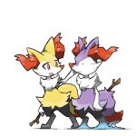  alternate_color blacknirrow braixen closed_mouth d: digitigrade ditto english_commentary frown furry holding holding_stick looking_at_another orange_eyes pokemon pokemon_(creature) shiny_pokemon simple_background slime_(substance) snout standing stick transformed_ditto white_background 