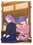  2girls alternate_hairstyle bangs barefoot black_sweater blue_pants blush braiding_hair closed_mouth collarbone commentary_request cushion fate/stay_night fate_(series) glasses hairdressing hal_(haaaalhal) heaven&#039;s_feel highres indoors jacket long_hair long_sleeves matou_sakura medusa_(fate) medusa_(rider)_(fate) multiple_girls pants pink_eyes pink_hair pink_jacket purple_eyes purple_hair seiza shirt short_hair short_ponytail signature sitting skirt smile socks sweater turtleneck turtleneck_sweater very_short_hair white_shirt white_socks yellow_skirt zabuton 