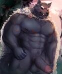  5:6 abs anthro balls barazoku big_muscles big_penis black_sclera blaidd_(elden_ring) blue_eyes bodily_fluids canid canine canis cape cape_only clothing elden_ring erection fangs fromsoftware genital_fluids genitals hi_res humanoid_genitalia humanoid_penis krowndconvz male mammal mostly_nude muscular muscular_anthro muscular_male nipples pecs penis precum pubes scar solo thick_penis vein veiny_penis video_games wolf 