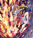  1girl ascot blonde_hair bow commentary_request crystal dress fire flaming_weapon flandre_scarlet frilled_shirt_collar frills full_body hat hat_ribbon highres holding holding_weapon kabaji laevatein_(touhou) looking_at_viewer mary_janes mob_cap one_side_up open_mouth petticoat puffy_short_sleeves puffy_sleeves red_dress red_eyes red_footwear red_ribbon ribbon sash shikishi shoes short_hair short_sleeves socks solo touhou traditional_media weapon white_bow white_headwear white_sash white_socks wings yellow_ascot 