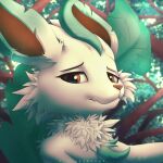  1:1 2022 canid canine canis cheek_tuft chest_tuft digital_media_(artwork) eeveelution facial_tuft feral fur generation_4_pokemon hi_res leafeon looking_at_viewer male mammal neck_tuft nintendo plant pokemon pokemon_(species) raised_tail sekielmoon shaded simple_background solo tuft video_games 