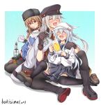  1girl alcohol beer beer_mug black_bow black_gloves black_headwear black_pantyhose black_sailor_collar black_skirt black_thighhighs blue_shawl bottle bow brown_eyes brown_hair closed_eyes commentary_request cup fingerless_gloves flat_cap gangut_(kancolle) gangut_dva_(kancolle) gloves grey_hair hair_bow hammer_and_sickle hat hibiki_(kancolle) highres holding holding_cup jacket jacket_on_shoulders kantai_collection koutetunamekuji long_hair low_twintails military_jacket mug pantyhose papakha peaked_cap sailor_collar sailor_shirt scarf shawl shirt sitting skirt solo tashkent_(kancolle) thighhighs torn_scarf twintails verniy_(kancolle) vodka white_hair white_headwear white_jacket white_scarf white_shirt 