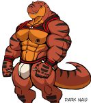  2022 abs absurd_res anthro artist_name barazoku biceps big_bulge big_muscles big_pecs bulge claws clothed clothing darknaigart dinosaur harness hi_res huge_muscles jockstrap looking_at_viewer male muscular muscular_anthro muscular_male navel nipple_piercing nipple_ring nipples non-mammal_nipples obliques pecs piercing reptile ring_piercing scales scalie simple_background smile solo standing teeth theropod thick_thighs topless topless_anthro topless_male tyrannosaurid tyrannosaurus tyrannosaurus_rex underwear white_background wristband 