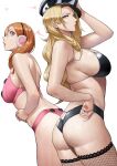  2girls absurdres ass bangs bare_shoulders black_bra black_headwear black_panties bleach blonde_hair blue_eyes bra breasts brown_eyes earmuffs hat highres inoue_orihime large_breasts long_hair looking_at_viewer matsumoto_rangiku multiple_girls open_mouth orange_hair panties parted_bangs peaked_cap pink_bra pink_panties thighs underwear yoshio_(55level) 