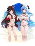  2girls :o :p ahoge alternate_costume bangs bare_arms bare_shoulders bell bikini black_choker black_headwear black_jacket black_nails blue_hair blue_sky breasts brown_hair choker cleavage cowbell flower flower-shaped_pupils ganyu_(genshin_impact) genshin_impact goat_horns halterneck hand_on_hip hands_on_own_chest hat hat_flower highres horns hu_tao_(genshin_impact) jacket large_breasts legs_together linea_alba long_hair looking_at_viewer momendoufu multiple_girls nail_polish navel neck_bell off_shoulder open_clothes open_jacket parted_lips plum_blossoms ponytail porkpie_hat purple_eyes red_bikini side-tie_bikini_bottom sidelocks sky small_breasts stomach string_bikini swimsuit symbol-shaped_pupils thighs tongue tongue_out twintails v wading water white_background white_bikini 