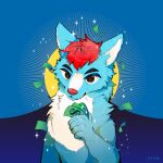  anthro artist_name banknote black_eyes blue_body blue_fur canid canine currency_symbol digital_media_(artwork) dollar_sign fur hair halo hi_res holding_money holding_object male male_anthro mammal money pupils red_hair red_pupils solo sparkles sparkling_character standing sun suspiciously_wealthy_furry symbol white_body white_fur yrac 
