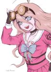  1girl :d ahoge antenna_hair arm_up bangs barbed_wire blonde_hair blue_eyes bow bowtie breasts cleavage collarbone cowboy_shot danganronpa_(series) danganronpa_v3:_killing_harmony fang fingerless_gloves gloves goggles goggles_on_head hair_between_eyes highres iruma_miu large_breasts long_hair moa_(hashidamoa) o-ring open_mouth pink_shirt pink_skirt pleated_skirt shirt simple_background skirt smile solo teeth upper_teeth white_background 