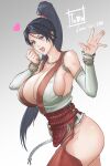  1girl bare_shoulders black_hair breasts cleavage clenched_hand dead_or_alive detached_sleeves heart high_ponytail highres hip_vent japanese_clothes large_breasts long_hair momiji_(ninja_gaiden) open_mouth orange_eyes pants ponytail red_pants rope solo thighs tomo_eokaiteru waving 