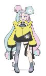  1girl absurdres bow-shaped_hair character_hair_ornament formerly grey_pantyhose hair_ornament hexagon_print highres iono_(pokemon) jacket long_hair low-tied_long_hair oversized_clothes pantyhose pokemon pokemon_(game) pokemon_sv sharp_teeth simple_background single_leg_pantyhose sleeves_past_wrists solo teeth very_long_sleeves white_background x yellow_jacket 
