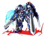 1other absurdres arm_cannon blue_eyes blue_hair character_request chinese_commentary full_body guardian_tales head_tilt highres holding holding_sword holding_weapon long_hair looking_at_viewer mecha robot super_robot sword v-fin very_long_hair weapon xiniu_r&amp;f_(lande_hua_hua) 