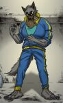  barefoot beastars bed blue_clothing broken brown_body brown_fur claws clothing collar concrete concrete_wall feet female fur furniture grey_body grey_fur hi_res humanoid inside kyuu&#039;s_chimera_(beastars) looking_at_viewer muscular pipe rolled_up_sleeves shadow shirt solo sportswear stain stripes topwear wall_(structure) yellow_stripes zipper_down 