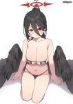  1girl alternate_costume bare_arms bare_legs bare_shoulders bikini black_bikini black_hair black_wings blue_archive blush breasts cleavage closed_mouth feathered_wings feathers hair_between_eyes hair_bun hasumi_(blue_archive) highres large_breasts large_wings long_hair looking_at_viewer micro_bikini mole mole_under_eye navel red_eyes seiza simple_background sitting skindentation solo spicy_moo spread_wings sweat swimsuit thighs white_background wings 