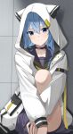  1girl animal_ears bangs black_choker black_sailor_collar blue_eyes blue_hair blush choker closed_mouth collarbone commentary_request fake_animal_ears feet_out_of_frame grey_skirt hair_between_eyes highres hololive hood hood_up hooded_jacket hoshimachi_suisei hugging_own_legs jacket knee_up long_hair long_sleeves looking_at_viewer open_clothes open_jacket pleated_skirt puffy_long_sleeves puffy_sleeves sailor_collar sitting skirt smile solo tile_wall tiles virtual_youtuber white_jacket yuzu-aki 
