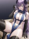  1girl bangs bare_shoulders black_gloves black_thighhighs blue_eyes blush breasts chair cleavage closed_mouth commentary_request elbow_gloves gloves hand_up highres horns large_breasts long_hair looking_at_viewer no_panties oekakizuki original pelvic_curtain pointy_ears purple_hair sideboob sitting skindentation solo thick_thighs thighhighs thighs 