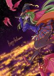  1girl airborne bangs bat_(animal) bat_wings black_capelet black_pantyhose blazer blue_jacket capelet city city_lights fang fang_out green_hair halloween happy_halloween hat high_heels highres jacket jitsu_wa_watashi_wa long_hair looking_at_viewer looking_back masuda_eiji night night_sky official_art orange_eyes outdoors pantyhose pleated_skirt pumpkin_hat_ornament purple_footwear purple_skirt school_uniform shiragami_youko skirt sky smile solo star_(sky) starry_sky very_long_hair wings witch_hat 