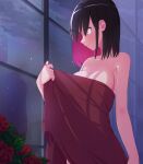  1girl azki_(hololive) bare_shoulders black_hair blue_eyes breasts colored_inner_hair flower from_side highres holding holding_towel hololive indoors large_breasts loeldrive looking_away medium_hair mole mole_under_eye multicolored_hair naked_towel night pink_hair red_flower red_rose rose solo towel virtual_youtuber window 