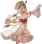  1girl bangs blonde_hair blue_butterfly blue_flower breasts bug butterfly butterfly_hair_ornament buubuu_(loli69) chinese_commentary choker cleavage closed_mouth commentary_request corset crown detached_sleeves dress flower flower_eyepatch foot_out_of_frame frilled_dress frilled_sleeves frills hair_ornament leg_ribbon long_hair looking_at_viewer medium_breasts official_alternate_costume ragnarok_online red_choker red_corset red_footwear red_ribbon ribbon shoes simple_background sleeveless sleeveless_dress smile solo wanderer_(ragnarok_online) white_background white_dress white_sleeves wide_sleeves yellow_eyes 