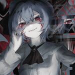  1girl ascot black_ascot black_nails blood blood_from_eyes evil_grin evil_smile glitch grin hair_between_eyes hair_strand hand_up lace_collar long_sleeves looking_at_viewer red_eyes remilia_scarlet shirt short_hair smile solo sutorobo72 touhou white_shirt 