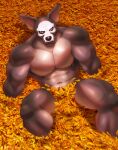  absurd_res anthro canid canine grossy_v hi_res humanoid leaves_on_ground male mammal orange_leaves skull_pattern solo 