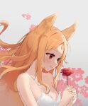  1girl absurdres alternate_costume animal_ears archetto_(arknights) arknights blonde_hair blue_eyes blush breasts camisole cleavage closed_mouth flan_ling flower from_side heterochromia highres holding holding_flower jewelry long_hair medium_breasts red_eyes red_flower red_rose ring rose smile solo strap_slip upper_body very_long_hair white_background 
