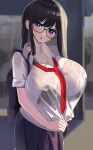  1girl absurdres backpack bag black_bag black_hair blue_eyes breasts bush cleavage collarbone collared_shirt eyelashes fang glasses highres huge_breasts long_hair looking_at_viewer nicorima open_mouth original outdoors plant rain see-through shirt skirt solo wet white_shirt 