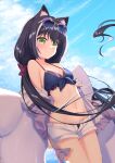  1girl absurdres animal_ear_fluff bangs bare_shoulders bikini bikini_under_clothes black_hair blue-tinted_eyewear blue_bikini blue_sky bow breasts closed_mouth cloud cloudy_sky collarbone day eyewear_on_head green_eyes hair_bow highres jacket karyl_(princess_connect!) karyl_(summer)_(princess_connect!) long_hair looking_at_viewer low_twintails multicolored_hair navel off_shoulder open_clothes open_shorts outdoors poppy_(poppykakaka) princess_connect! purple_jacket red_bow short_shorts shorts sky small_breasts smile solo streaked_hair sunglasses swimsuit tinted_eyewear twintails very_long_hair white_hair white_shorts 