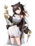  1girl animal_ear_fluff animal_ears arknights arrow_(projectile) bangs bare_shoulders black_gloves black_hair black_jacket brown_eyes collarbone commentary_request cropped_legs dress fingerless_gloves fringe_trim fur-trimmed_jacket fur_trim gloves highres holding holding_arrow jacket jacket_partially_removed knife long_hair long_sleeves lunacub_(arknights) oeuia simple_background single_glove sleeveless sleeveless_dress solo white_background white_dress 