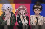  1girl 2boys :o :p backpack badge bag bangs black_jacket blue_background blush boleum_(dgrpluna) breast_pocket breasts brown_eyes brown_hair collarbone collared_shirt danganronpa_(series) danganronpa_2:_goodbye_despair green_jacket green_necktie grey_hair grey_shirt hair_between_eyes hand_up hinata_hajime hood hooded_jacket index_finger_raised jacket komaeda_nagito large_breasts long_sleeves looking_at_viewer medium_hair monokuma multiple_boys nanami_chiaki neck_ribbon necktie open_clothes open_jacket orange_background pink_background pink_eyes pink_ribbon pocket ribbon salute shiny shiny_hair shirt smile sticker sweatdrop teeth tetris tongue tongue_out two-tone_shirt upper_body upper_teeth 