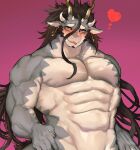  &lt;3 abs anthro black_hair blush dragon ear_piercing ear_ring fuxi_(tas) grey_body hair hi_res horn ituduki_aaa lifewonders long_hair looking_at_viewer male muscular muscular_anthro muscular_male nude pecs piercing ring_piercing solo tokyo_afterschool_summoners video_games 