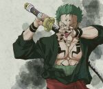  1boy black_nails commentary_request covering_mouth crossover fingernails green_hair hand_mouth japanese_clothes jujutsu_kaisen long_fingernails looking_at_viewer male_focus one_eye_closed one_piece pectoral_cleavage pectorals roronoa_zoro ryoumen_sukuna_(jujutsu_kaisen) scar scar_on_chest scar_on_face short_hair sword tattoo tongue tongue_out user_erup8438 weapon 