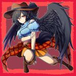  1girl bandana black_hair black_wings boots bright_pupils brown_footwear brown_headwear full_body highres hurin_raika kurokoma_saki long_hair looking_at_viewer multicolored_clothes orange_skirt pegasus_wings plaid ponytail red_background red_eyes skirt solo thighs touhou white_pupils wings 