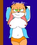  anthro bed bedroom_eyes belly big_breasts breasts clothed clothing cyan_coat dialogue duncan_burden female fur furniture hands_behind_head hi_res imminent_sex jade_hopper lagomorph leporid looking_at_viewer lying mammal ms_paint narrowed_eyes navel on_back orange_body orange_clothing orange_fur orange_panties orange_underwear panties partially_clothed princestickfigure rabbit seductive solo steve_and_friends underwear white_body white_fur 