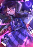  1girl black_cape black_headwear bow brown_hair cape card city clear_sky cloak closed_mouth commentary_request gloves hair_between_eyes hat hat_bow highres long_sleeves looking_at_viewer medium_hair moyashi_(oekaki_touhou) night night_sky occult_ball outdoors plaid plaid_skirt plaid_vest purple_eyes purple_skirt purple_vest red_cloak runes shirt skirt sky smile solo star_(symbol) touhou two-sided_cloak two-sided_fabric urban_legend_in_limbo usami_sumireko vest white_gloves white_shirt zener_card 