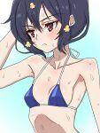  1girl arm_up armpits bangs bare_shoulders bikini black_hair blue_background blush breasts collarbone flower frown hair_between_eyes hair_flower hair_ornament highres looking_away mizuno_ai red_eyes short_hair sidelocks simple_background skinny small_breasts string_bikini sweat swimsuit tekisui upper_body wet zombie_land_saga 