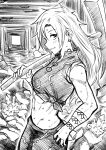  1girl absurdres closed_mouth cowboy_shot crystal highres himemushi_momoyo long_hair looking_at_viewer midriff mine monochrome navel pickaxe sen_(daydream_53) shirt smile solo standing sweat tied_shirt touhou 
