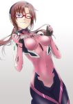  1girl ;3 black_hairband bodysuit breasts breasts_apart brown_hair closed_mouth floating_hair glasses gloves grey_gloves hairband highres ivuki long_hair low_twintails makinami_mari_illustrious neon_genesis_evangelion one_eye_closed pink_bodysuit plugsuit rebuild_of_evangelion red-framed_eyewear shiny shiny_hair small_breasts solo twintails 