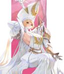  +_+ 1girl armor asymmetrical_clothes blonde_hair breasts dress english_commentary gauntlets hat highres holding holding_staff kou_(kokounene) large_breasts long_hair looking_at_viewer mitre orange_eyes original ponytail priest shoulder_armor sideboob single_gauntlet solo staff tabard very_long_hair white_dress 