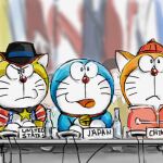 1:1 2019 anthro bell black_hair blue_body blue_fur bottle clothed clothing collar cowboy_hat cowboy_outfit domestic_cat dora_the_kid doraemon doraemon_(character) english_text felid feline felis flag flag_(object) front_view fur furniture group hair hat headgear headwear human machine male mammal mouth_closed mt_tg nobita_nobi open_mouth orange_body orange_fur red_collar red_nose robot shaded shirt star table text tongue topwear wang_dora whiskers white_body white_fur yellow_body yellow_clothing yellow_fur yellow_shirt yellow_topwear 