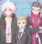  0aoiurn0 3boys bangs belt black_belt black_hair black_jacket black_necktie collarbone cowboy_shot crossed_arms danganronpa_(series) danganronpa_2:_goodbye_despair green_jacket grey_eyes grey_hair grey_shirt heterochromia jacket komaeda_nagito kuzuryuu_fuyuhiko long_sleeves looking_to_the_side male_focus multicolored_hair multiple_boys necktie open_clothes open_jacket open_mouth pink_scarf print_shirt red_eyes scarf shirt short_hair smile striped striped_jacket tanaka_gandamu teeth upper_teeth 