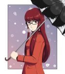  1girl absurdres bangs coat ememtrp glasses gradient gradient_background highres long_hair looking_at_viewer orange_coat pale_skin persona persona_5 persona_5_the_royal red_eyes red_hair simple_background snow solo solo_focus umbrella yoshizawa_sumire 