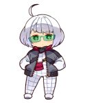  1girl ahoge bodysuit character_request chibi closed_mouth full_body jacket looking_at_viewer mota short_hair simple_background solo white_background white_hair 
